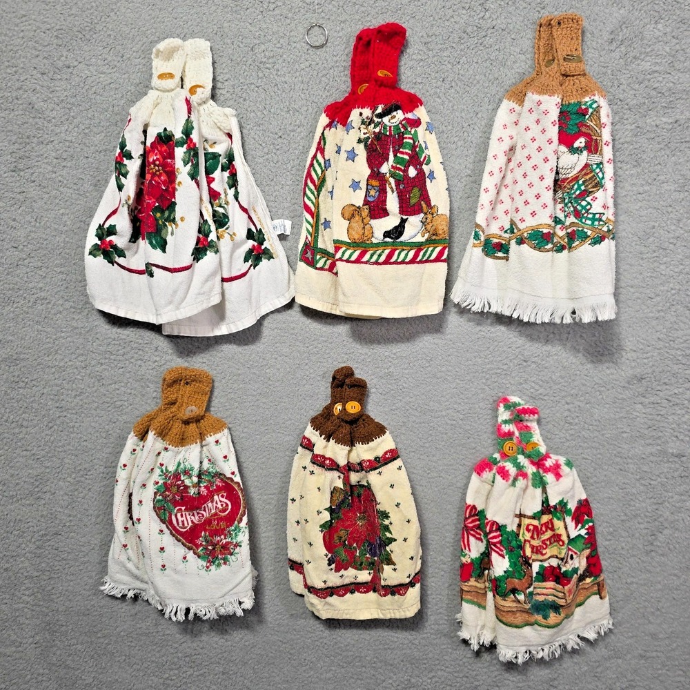 Vintage Crochet Top Cup Towels Hanging Kitchen Lot Of 12 Christmas Duplicates